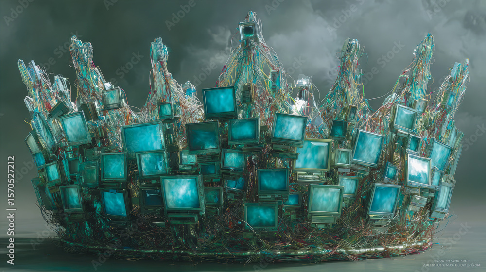 Poster a digital crown made of multiple old-style monitors interconnected with wires, set against a moody, 
