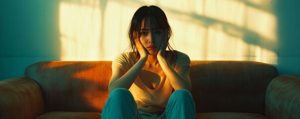 Asian woman covering her face feeling lonely and depressed, sitting on a sofa in a dimly lit room, Generative AI