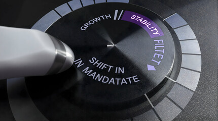 A dial shifts from growth to stability, signifying a change in policy or mandate