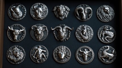 Set of silver zodiac signs, no logos, no brands