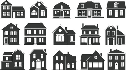 Black house icon set, residential vector illustrations, architectural home symbols, modern real estate icons, property silhouette collection, building design elements flat vector illustration