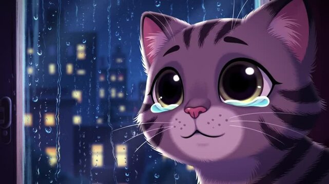 A sad cartoon cat looks out a window at a rainy night cityscape, tears streaming down its face.