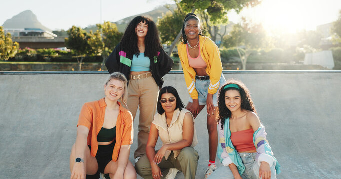 Fashion, portrait and smile of women outdoor at park together in retro streetwear as dance crew. Community, diversity and urban style with group of dancer friends in clothes outfit for city bonding - Powered by Adobe