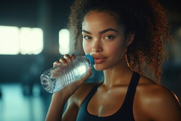 Pretty woman drinking water from a bottle in the gym after a workout, staying hydrated and refreshed, Generative AI