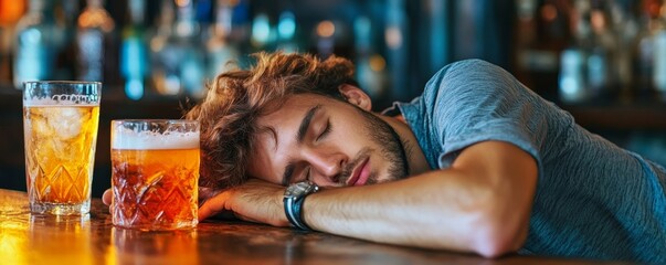 Drunk person sleeping at a bar with an alcohol drink in hand, Generative AI
