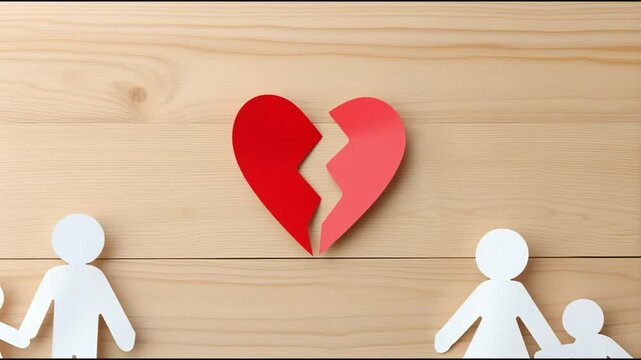 Divorce legal separation papers symbolized by broken heart between parents holding children wooden background representing family breakup emotional distress and paper cut family separated showing