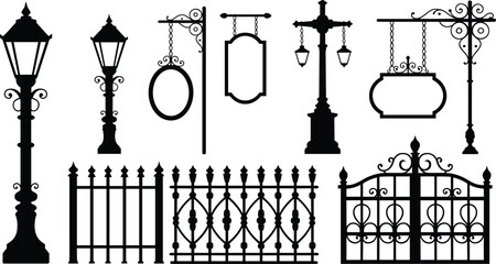 Elegant vintage wrought iron street lamps, sign boards, gates and fences silhouette vector, perfect for classic architectural design and illustration projects flat vector illustration