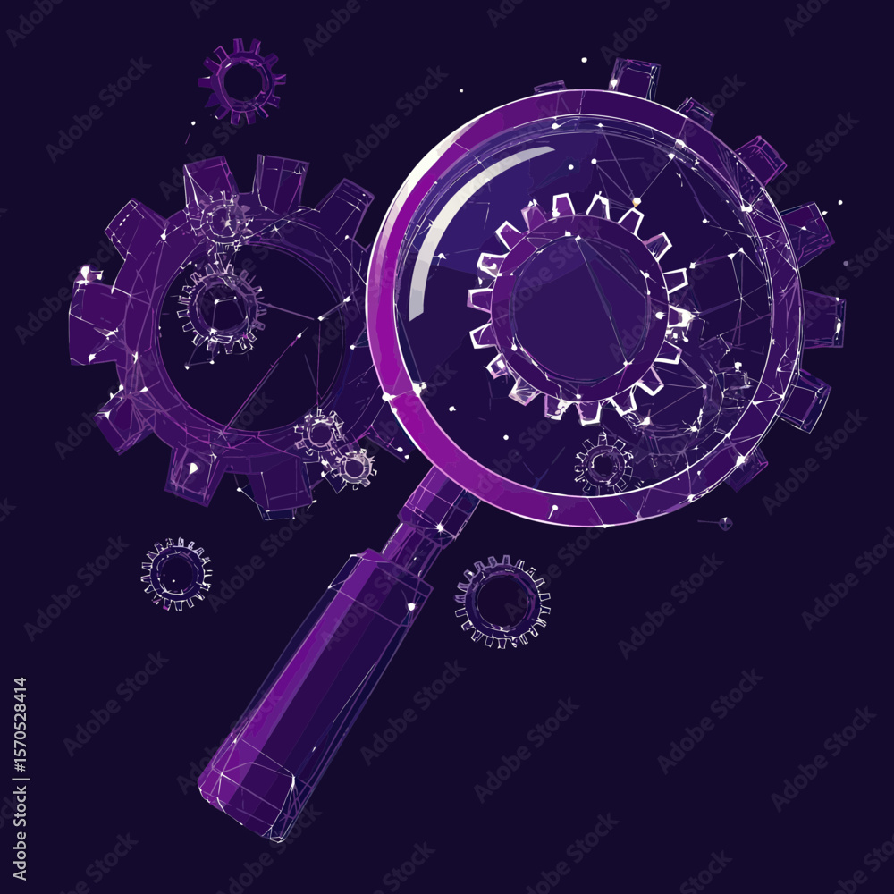 Poster digital magnifying glass focusing on 3d transparent polygonal gears with connected points and lines 