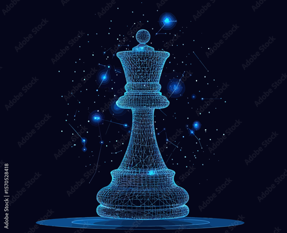Poster digital wireframe king chess piece with glowing points and lines starry sky effect futuristic strate