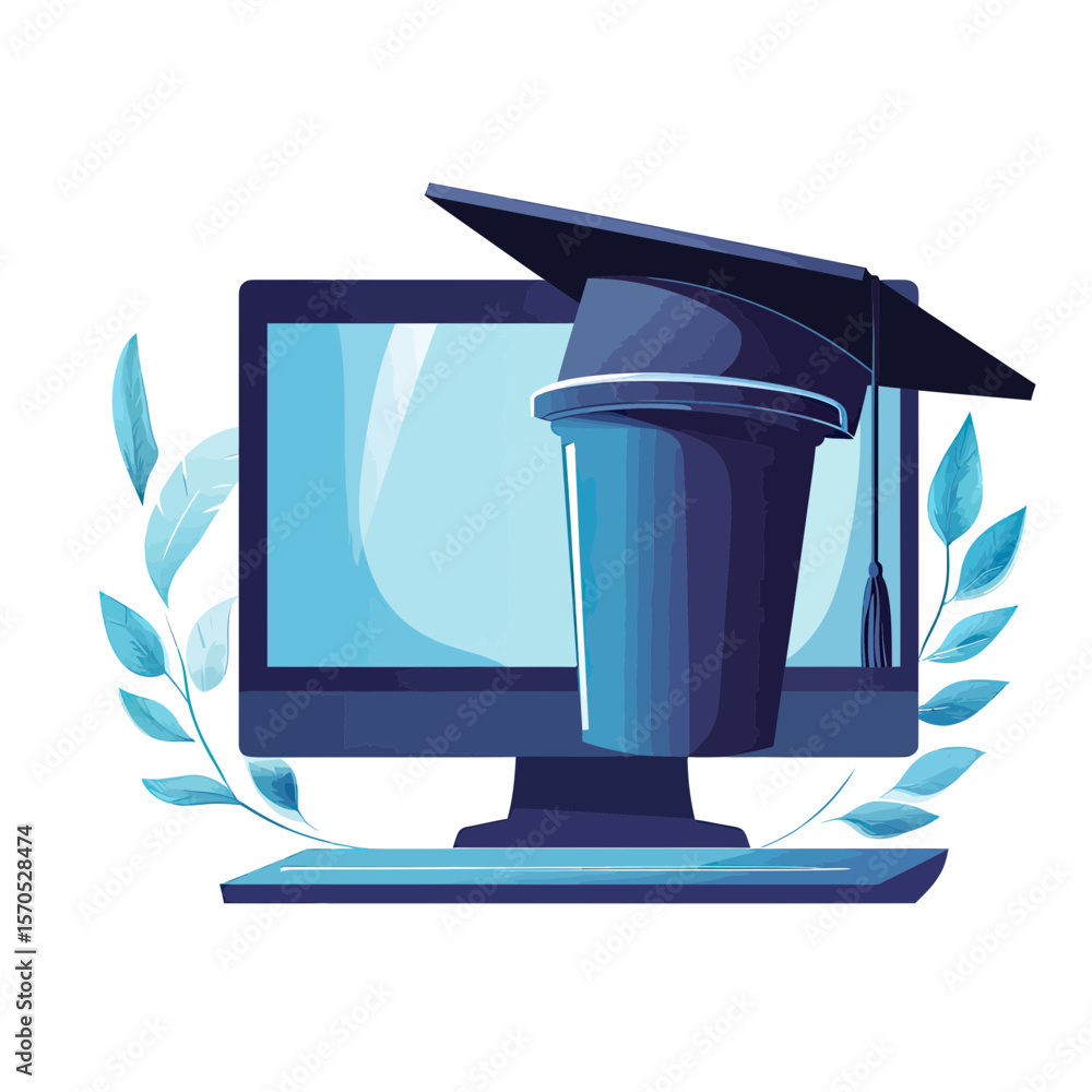 Poster online education concept with computer monitor and graduation cap symbolizing virtual learning and a