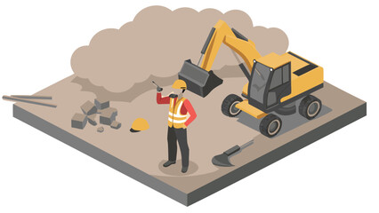 Isometric construction site scene with excavator worker and debris on a platform in neutral colors