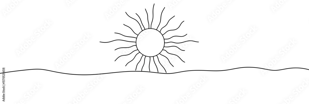 Poster minimalist one line drawing of sun with wavy rays above horizon line on white background simple line