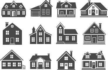 Collection of modern house icons, residential buildings, black silhouette home designs, architecture clipart, vector set, real estate illustration

 flat vector illustration