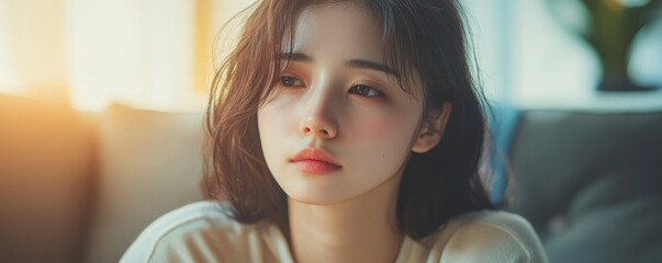 Well-being peaceful mind lifestyles concept, close-up hand of a young Asian woman focusing on breath for mindfulness while relaxing on the sofa, Generative AI