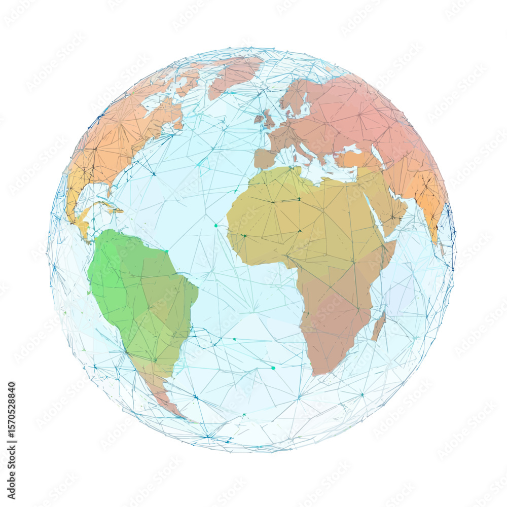Poster low poly 3d earth globe with polygonal mesh network showing continents connected by blue lines and d