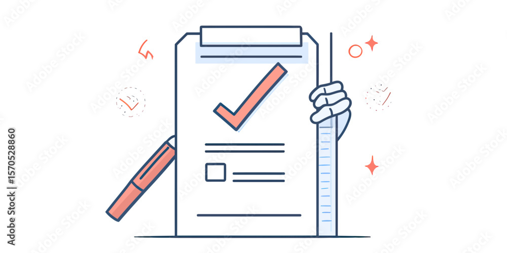 Poster checklist clipboard with check mark and pen hand holding document approval concept flat vector illus
