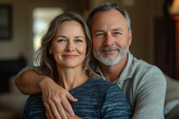 Happiness in a mature couple, with the wife giving her husband a shoulder massage in the living room, displaying affection and care, Generative AI