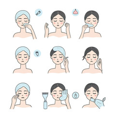 Step-by-step facial skincare routine illustration with woman cleansing, applying toner, exfoliating, moisturizing, and using beauty tools in minimalist flat vector style