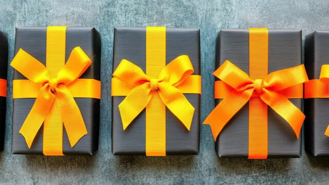 Gray gifts with yellow ribbon bows lined up