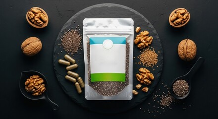 Superfood pouch mockup with chia seeds, walnuts, and supplements.