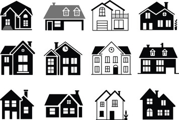 Modern residential house icon set, vector real estate illustrations, silhouette home collection for architecture, property, construction, housing, and design

 flat vector illustration