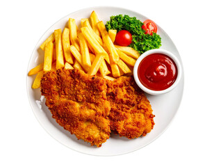 Appetizing schnitzel with pepper sauce and fries, isolated on transparent background, top view