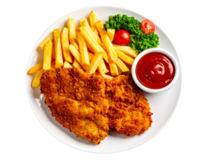Appetizing schnitzel with pepper sauce and fries, isolated on transparent background, top view
