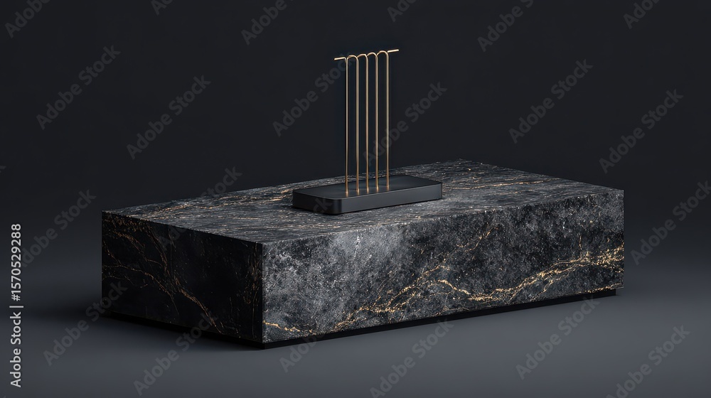 Poster 3d rendered marble podium designed for product display featuring a black rectangular shape and a gol