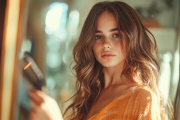 Women hairdo makeup routine, young woman looking in the mirror and using an iron to curl her long hair at home, Generative AI