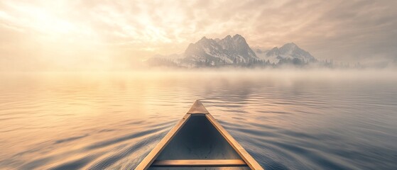 Tranquil waterscapes in a misty dawn reflected in a calm mountain lake