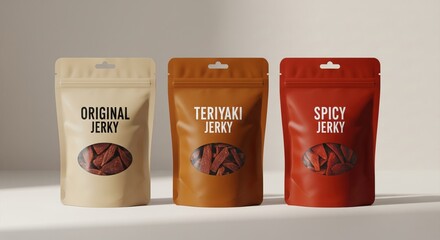 Three stand-up pouches of original, teriyaki, and spicy jerky with clear windows