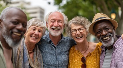 Group of happy seniors in an urban park environment.