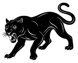 Fototapeta premium Aggressive black panther with bared teeth and claws on a white background
