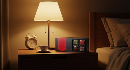 Nightstand with alarm clock, lamp, tea cup, and gourmet chocolate box