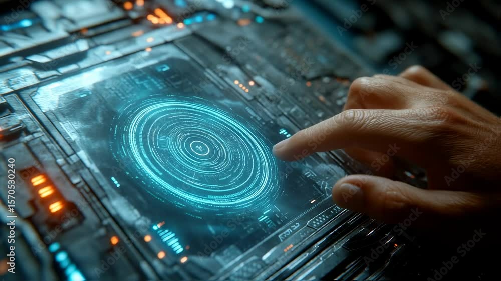Poster a person interacting with a futuristic touchscreen interface technology