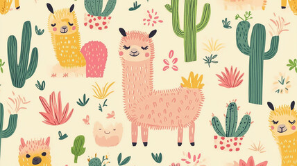 Adorable pattern background featuring cute alpacas, various cacti, and desert botanicals in a charming, playful style