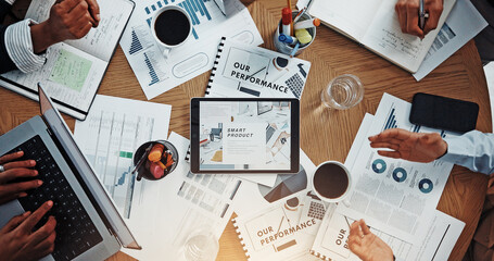 Documents, research and tablet with hands of business people for performance report, budget and...