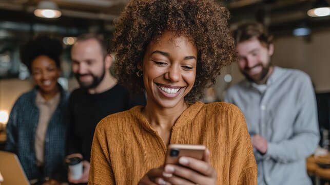 Laughing young African American businesswoman showing smiling colleagues photos on her cellphone over after work drinks in an office, no logos, no brands