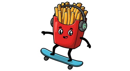 Red fries character skating with headphones