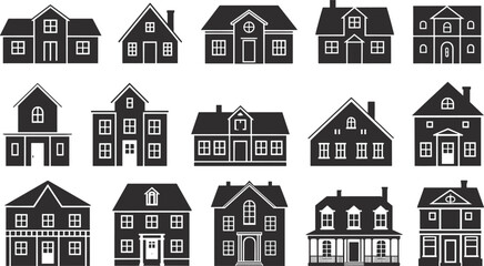 Vector house icon set, black silhouette residential buildings, architectural facade collection, traditional home front view graphic illustration template flat vector illustration