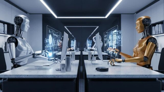 Robots Interact in a Futuristic Office Setting Showcasing Advanced Technology and Design Elements