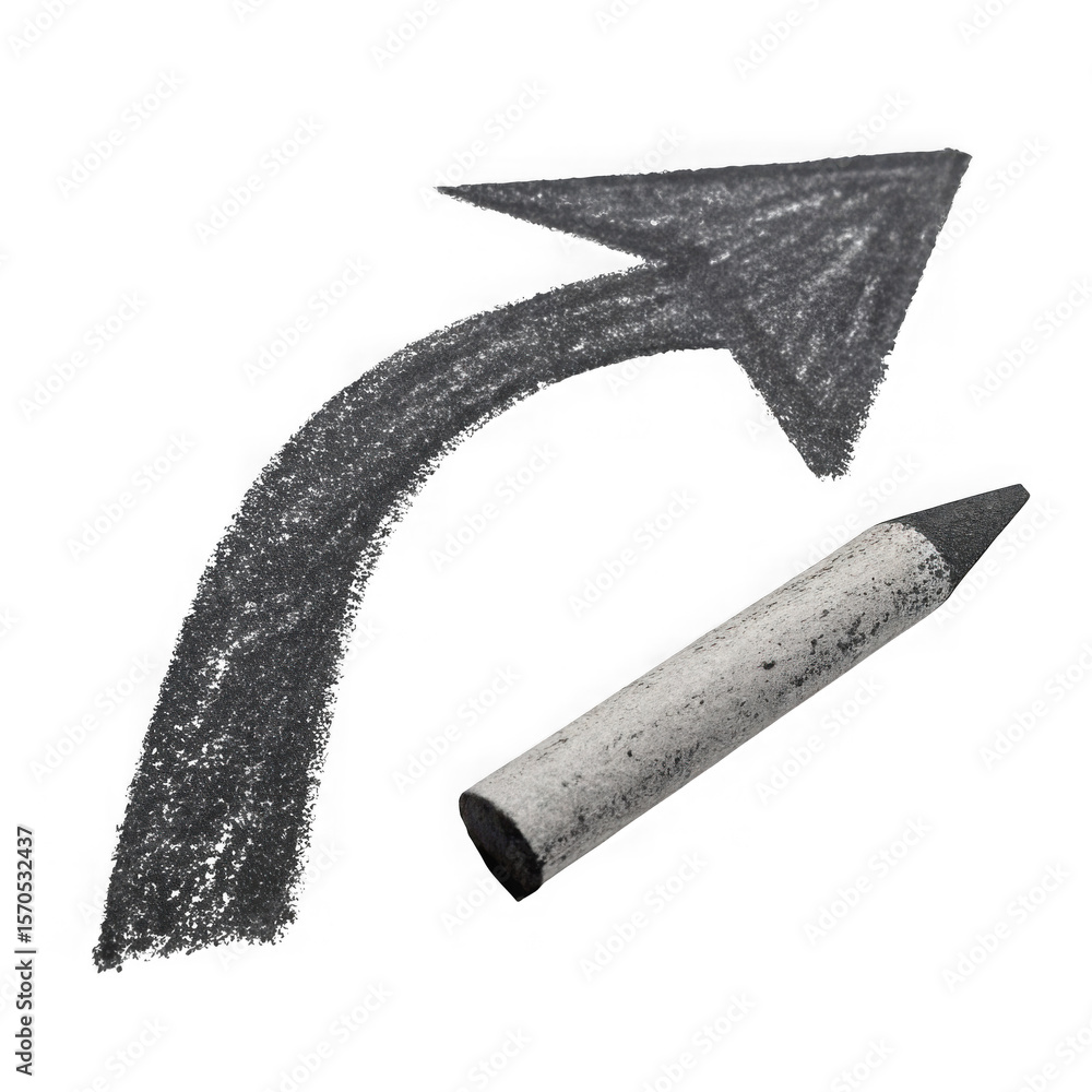 Poster chalk drawing of an upward curving arrow and a chalk stick isolated on transparent background