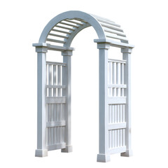 Classic white wooden garden archway with lattice top isolated on transparent background