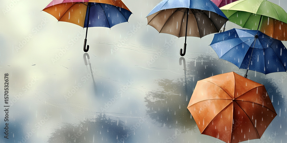 Poster artistic view of colorful umbrellas in the rain with a dreamy and soft background tone