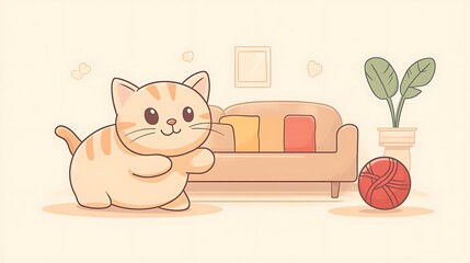 A round cartoon cat with soft orange fur chasing a red yarn ball, pastel living room background with doodle couch and pillows, joyful mood. Bold outlines, flat colors, vector art, clean linework,