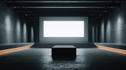 Big blank glowing white screen in dark exhibition hall room with black glossy podium and concrete floor. Mockup, 3D rendering, no logos, no brands