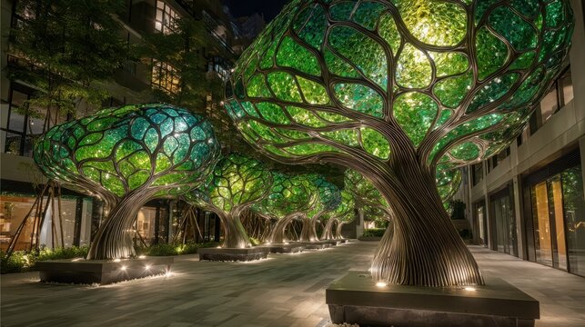 Intricate Network of Artistic Tree Sculptures Crafted from Recycled Metal and Glass Showcasing Eco-Friendly Design and Creative Sustainability - Powered by Adobe