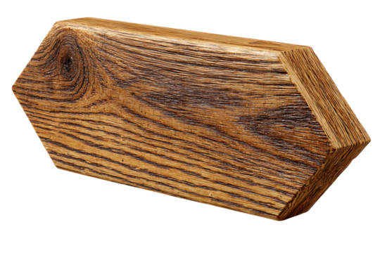 Hexagonal wooden block with prominent grain texture isolated on transparent background