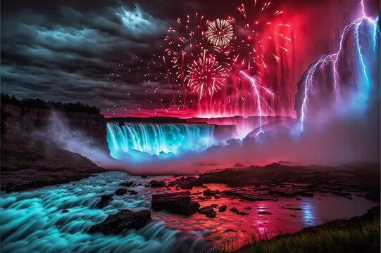 Intense lightning strikes and fireworks with dramatic burning waterfall in single video

