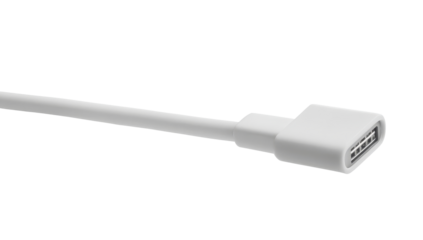 Compact white smartphone charging cable with angled head showcased against a transparent backdrop